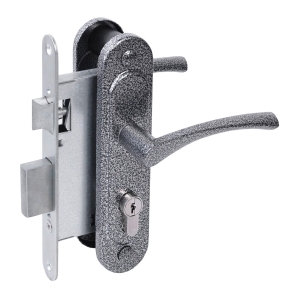 Замок врезной цилиндровый с защёлкой в комплекте с ручкой ЗВ4-3/07 (серебро антик), 4 кл.